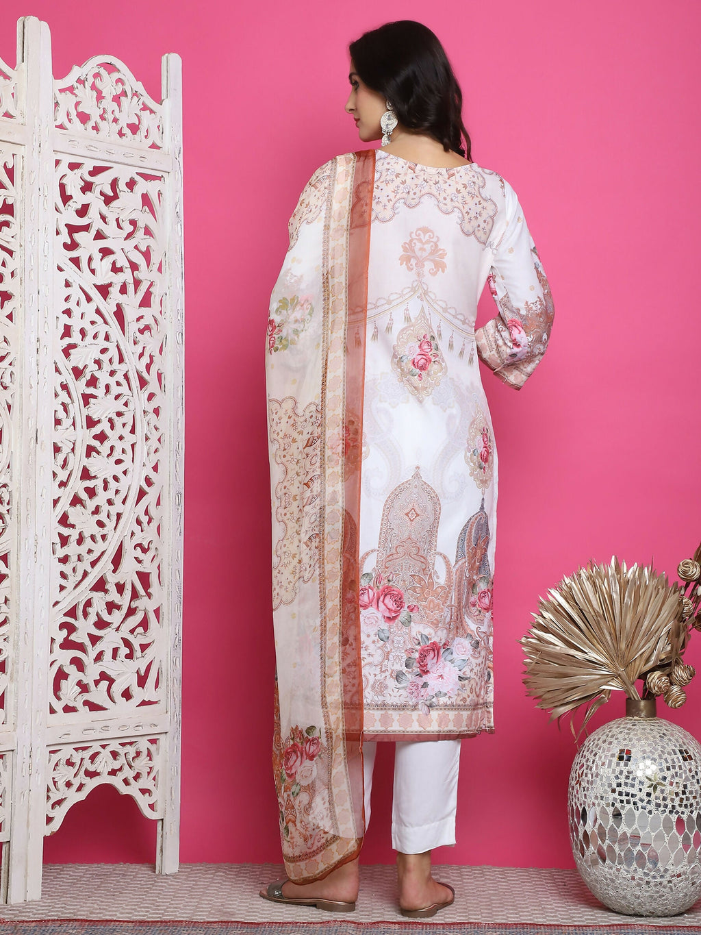 Jyoti Fashion Women's Cream Satin Traditional Digital Print with Crystal work Kurta with Trouser & Dupatta | Grocsy