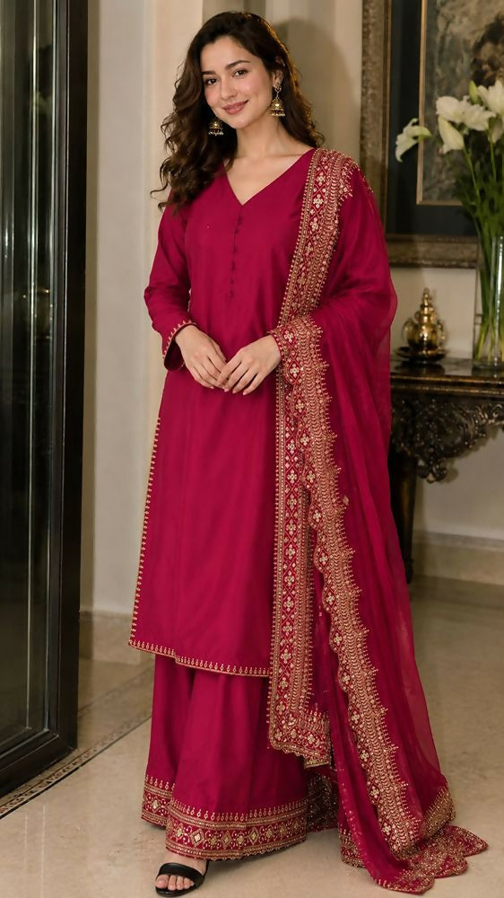 Teeya Creation New Latest Stylish Classic Rani Pink Festive Kurta Set with Gold Zari Border Palazzo and Dupatta | Grocsy