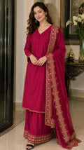 Teeya Creation New Latest Stylish Classic Rani Pink Festive Kurta Set with Gold Zari Border Palazzo and Dupatta | Grocsy