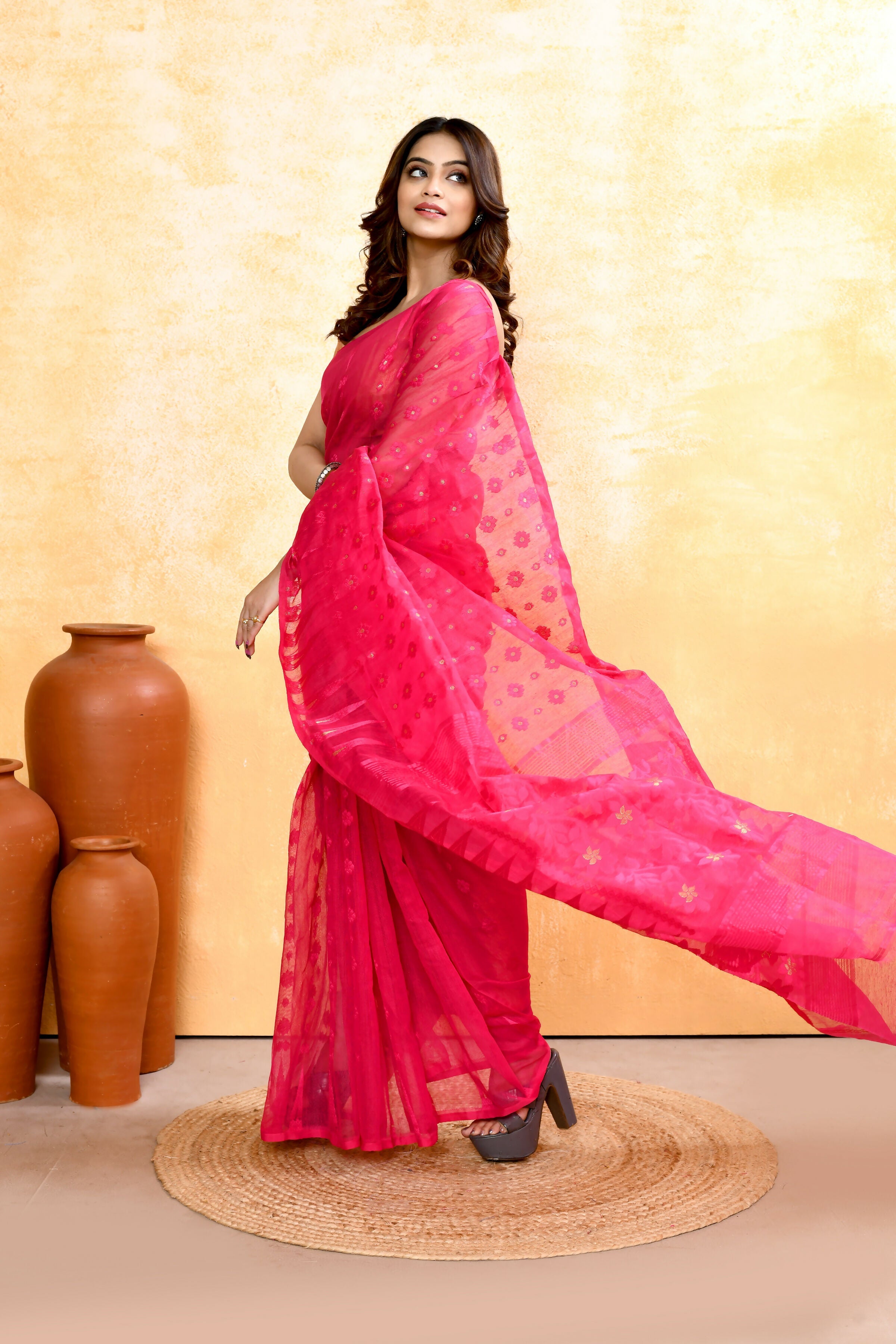 Piyari Fashion Women's Rani Pink Embellished Cotton Blend Jamdani Saree | Grocsy