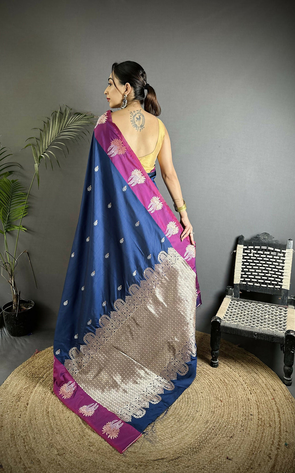 Joban Fashion Royal Blue Small Butti Soft Silk Banarasi Saree | Grocsy