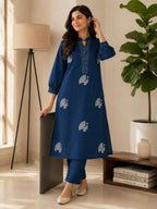 Teeya Creation Women Blue Cotton Printed Kurta with Trousers Co-ord Set | Grocsy