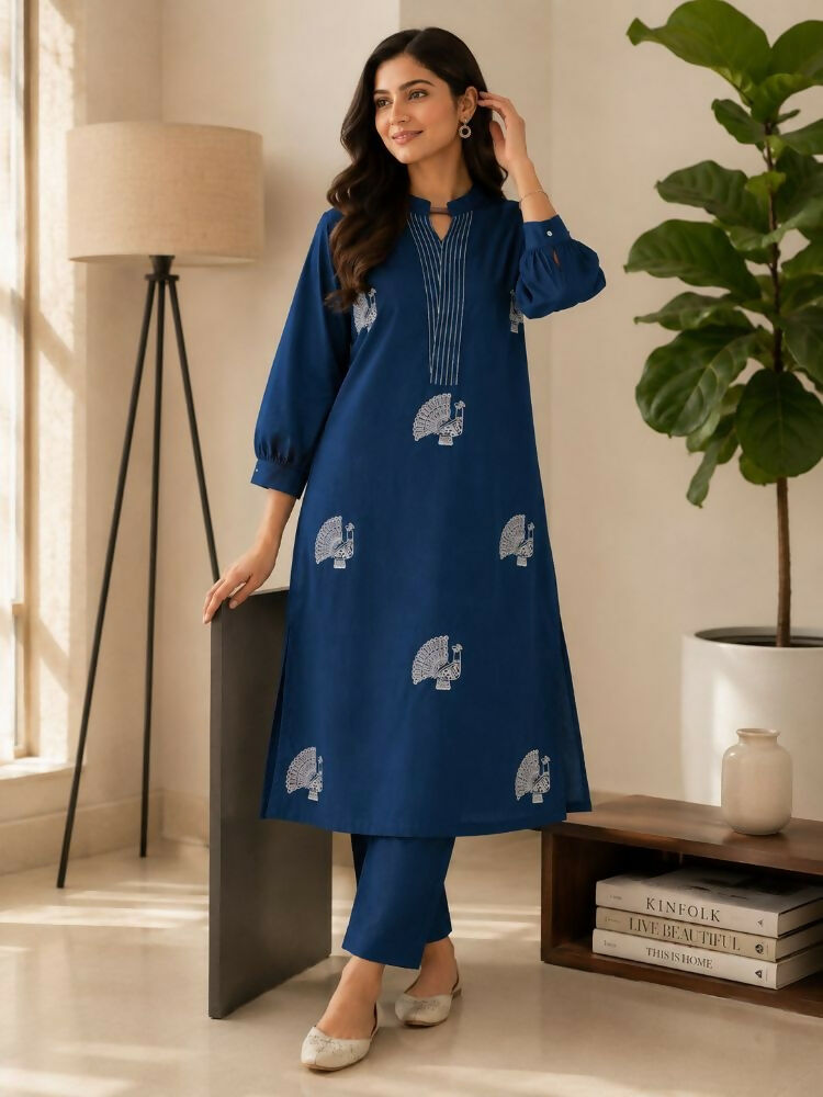 Teeya Creation Women Blue Cotton Printed Kurta with Trousers Co-ord Set | Grocsy