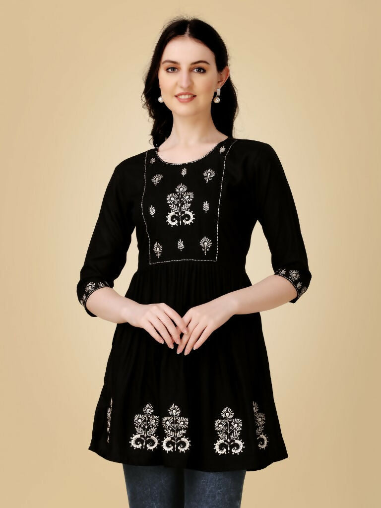 Jyoti Fashion Women's Black Viscose Rayon Embroidered Casual Top | Grocsy