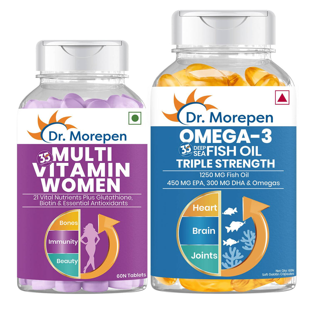 Dr. Morepen Multivitamin Women Tablets and Omega 3 Deep Sea Fish Oil Softgels Combo | Grocsy