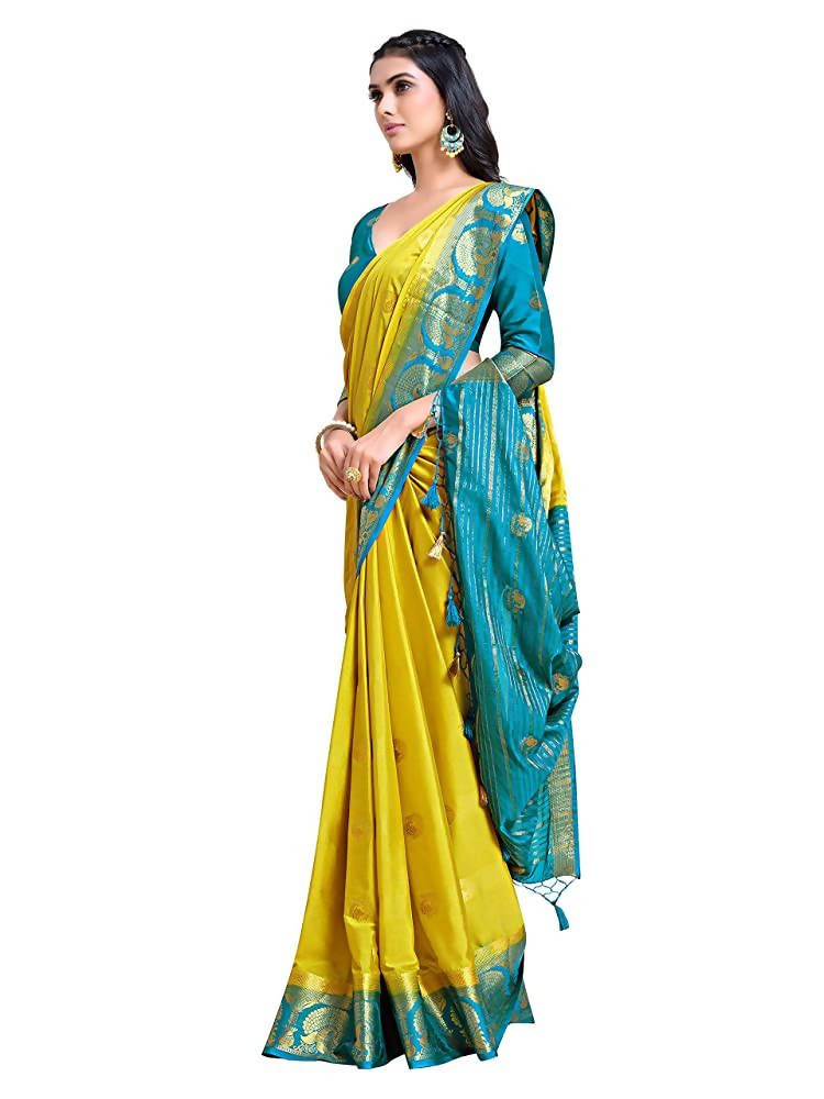 Mimosa Women's Yellow Mysore Silk Crepe Saree With Blouse | Grocsy