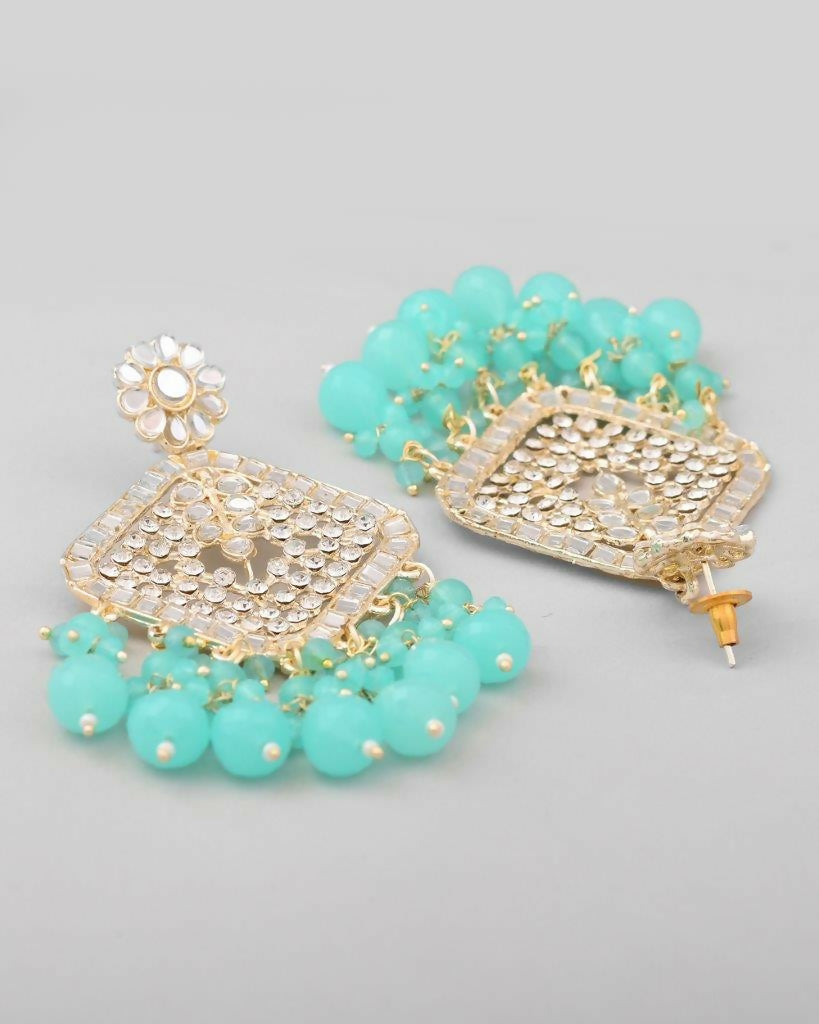 VOJ Gold-Polished Kundan And Teal Stone Studded Drop Earrings