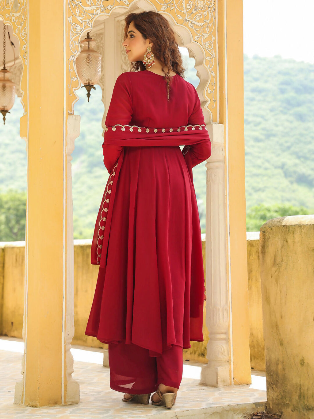 Janasya Maroon Georgette Embroidered Kurta,Bottom & Dupatta | Grocsy