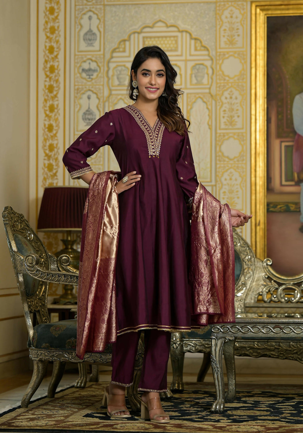 Juniper Women's Wine Zari Embroidered Viscose Kurta Pant And Dupatta Set With Sequins & Lace | Grocsy