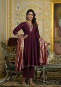 Juniper Women's Wine Zari Embroidered Viscose Kurta Pant And Dupatta Set With Sequins & Lace | Grocsy