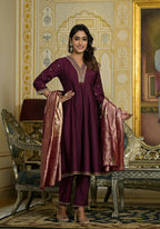 Juniper Women's Wine Zari Embroidered Viscose Kurta Pant And Dupatta Set With Sequins & Lace | Grocsy