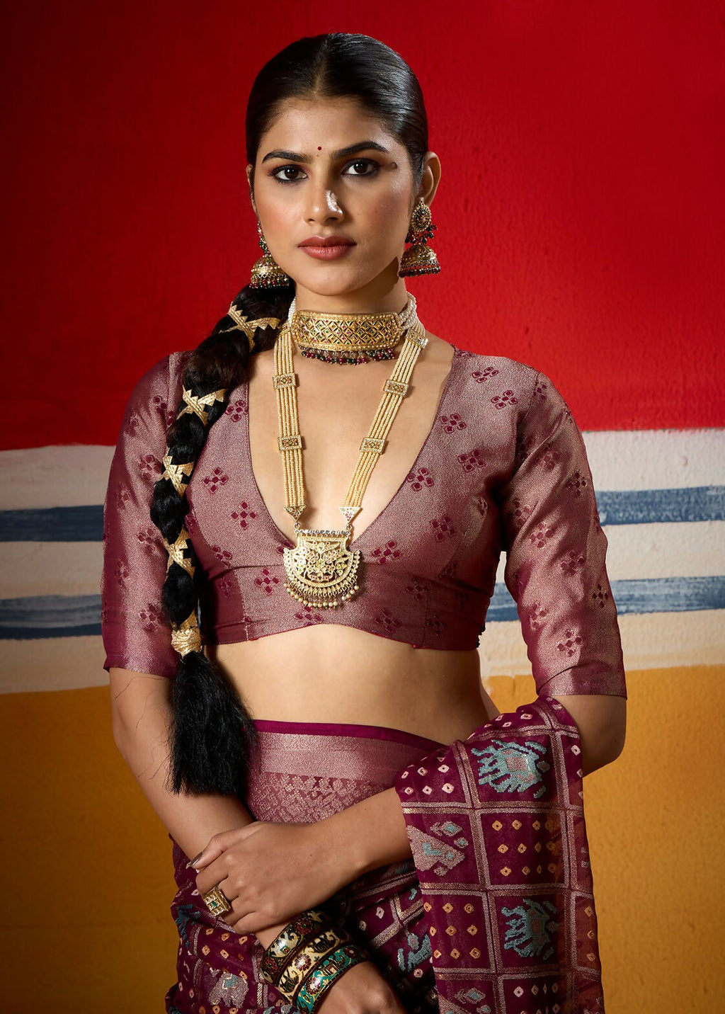 Joban Fashion Wine Dull Moss Brasso Saree | Grocsy