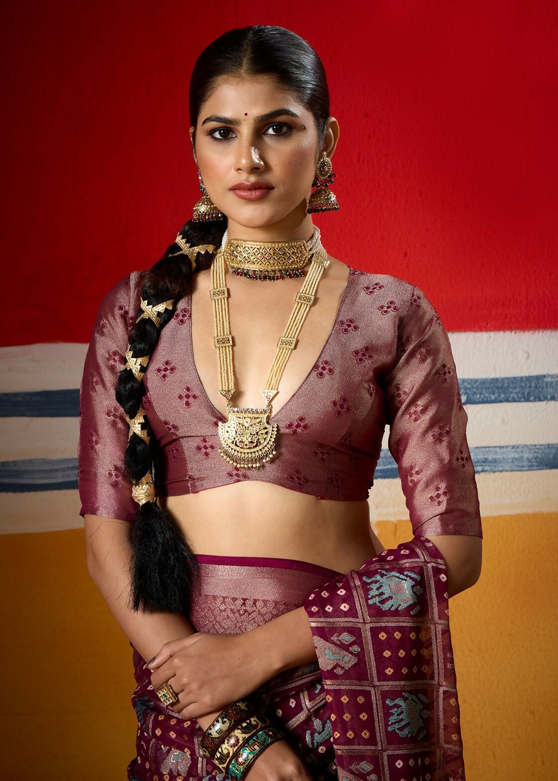 Joban Fashion Wine Dull Moss Brasso Saree | Grocsy