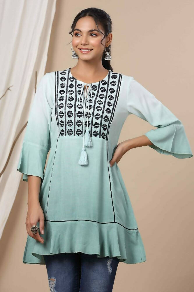 Juniper Sage Green Rayon Festive Embroidered Tiered Tunic For Women | Grocsy
