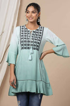 Juniper Sage Green Rayon Festive Embroidered Tiered Tunic For Women | Grocsy