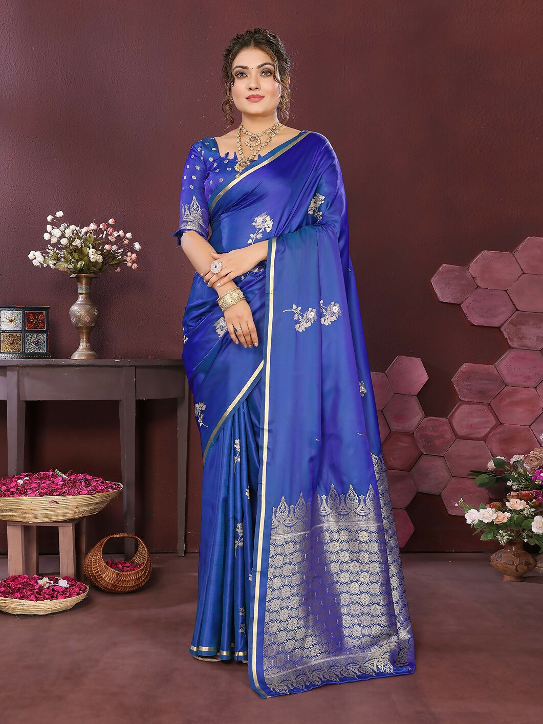 Joban Fashion Blue Floral Banarasi Silk Sarees | Grocsy