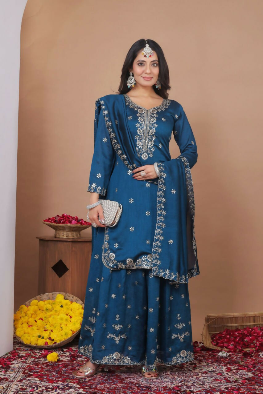 Teeya Creation Blue Color Vichitra Silk Wedding Wear Trending Salwar Suit | Grocsy