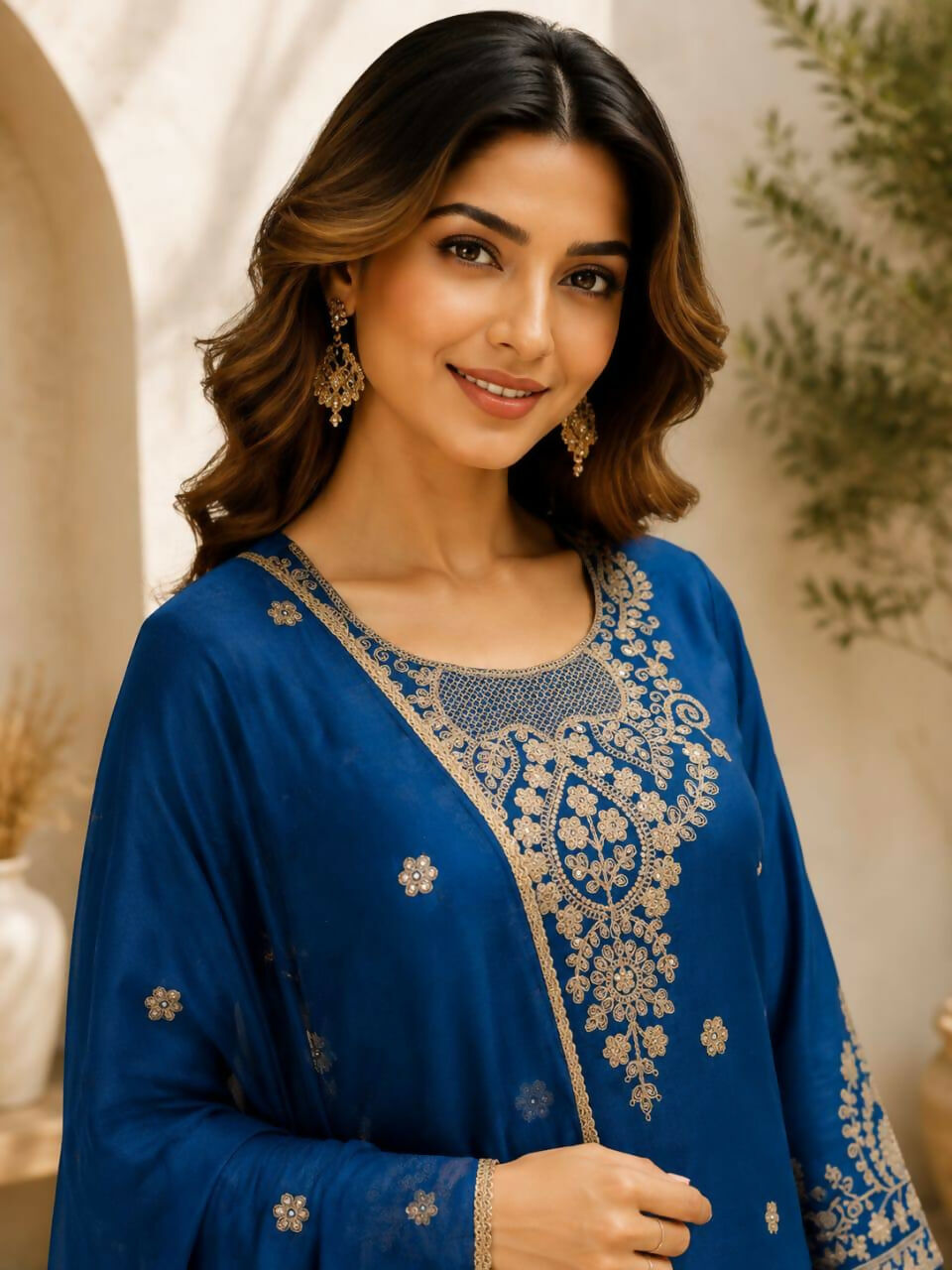 Teeya Creation Blue Embroidered Silk Palazzo Suit With Dupatta | Grocsy