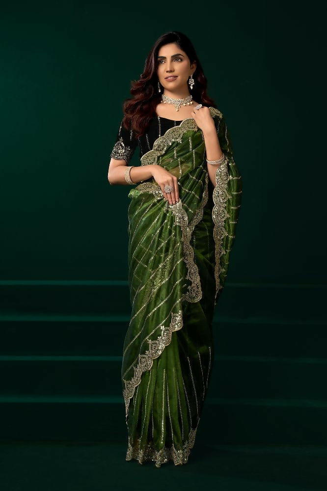 Joban Fashion Green Net Party Wear Sarees | Grocsy