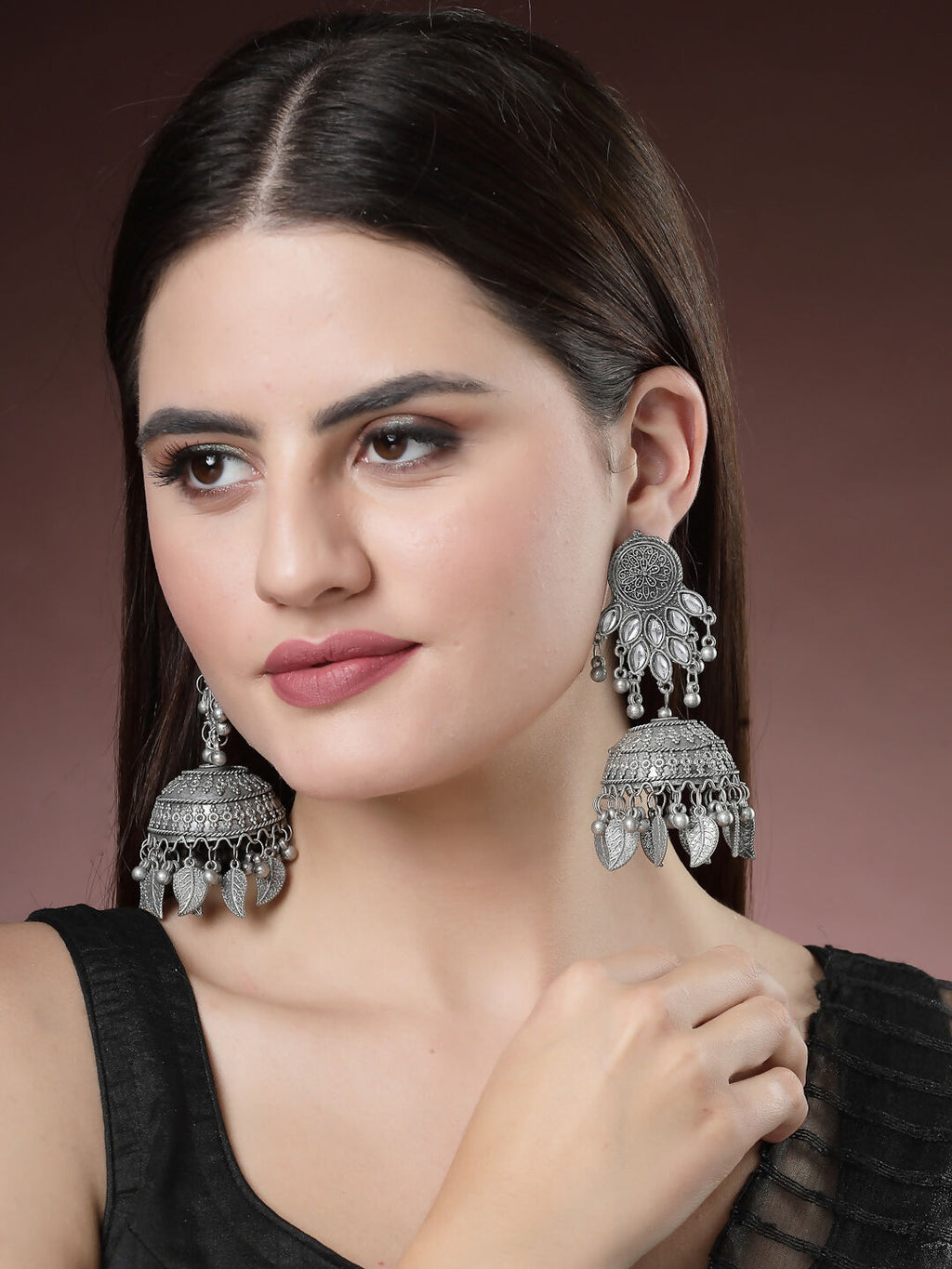 NVR Women's Silver-Plated Oxidised Artificial Stones Dome Shaped Jhumka Earrings | Grocsy