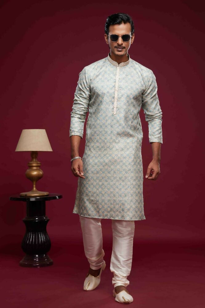 Raivat Ethnic Art Silk Digital Print Pintux Work Kurta Pajama In Sky Blue Colour | Grocsy
