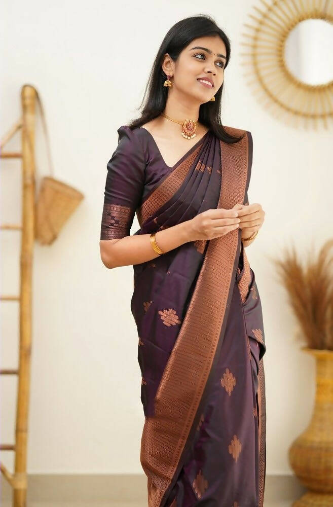 DEIANA'S Beautiful Designer Golden zari Soft Lichi Silk Saree - Wine | Grocsy