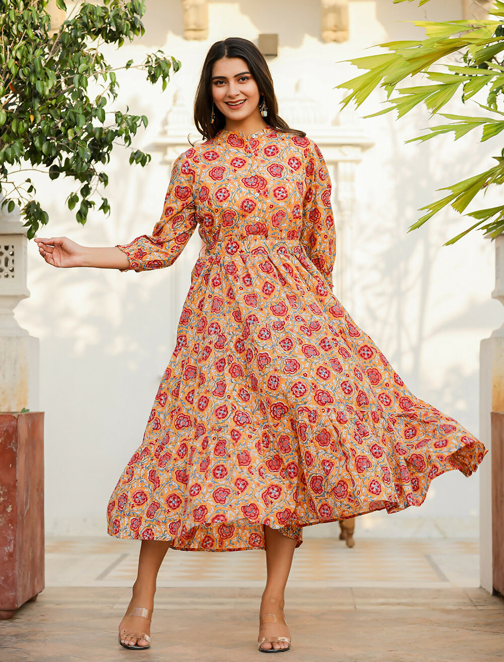 Kaajh Women's Yellow-Red Floral Hand Block Print Cotton Dress | Grocsy