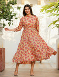 Kaajh Women's Yellow-Red Floral Hand Block Print Cotton Dress | Grocsy