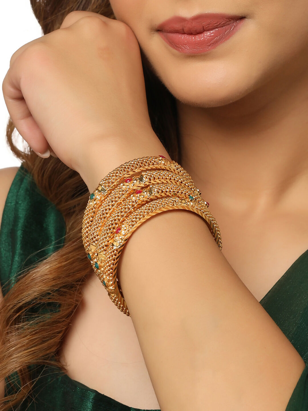 NVR Women's Set of 2 Gold-Polished Traditional Bangles