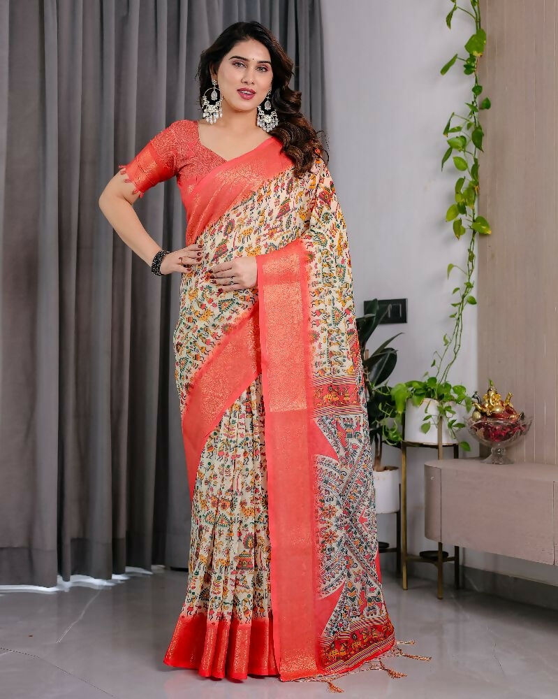 PR Fashion Cream Pure Handloom Linen Saree | Grocsy