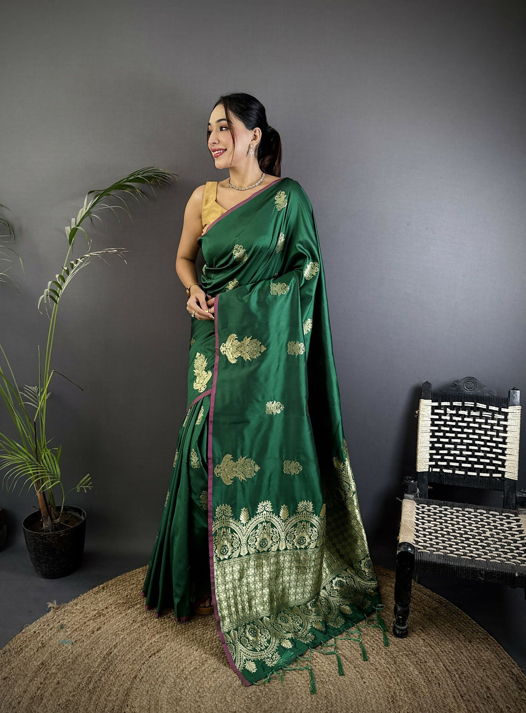 Joban Fashion Dark Green Banarasi Lichi Silk Gold Zari Meena Saree | Grocsy
