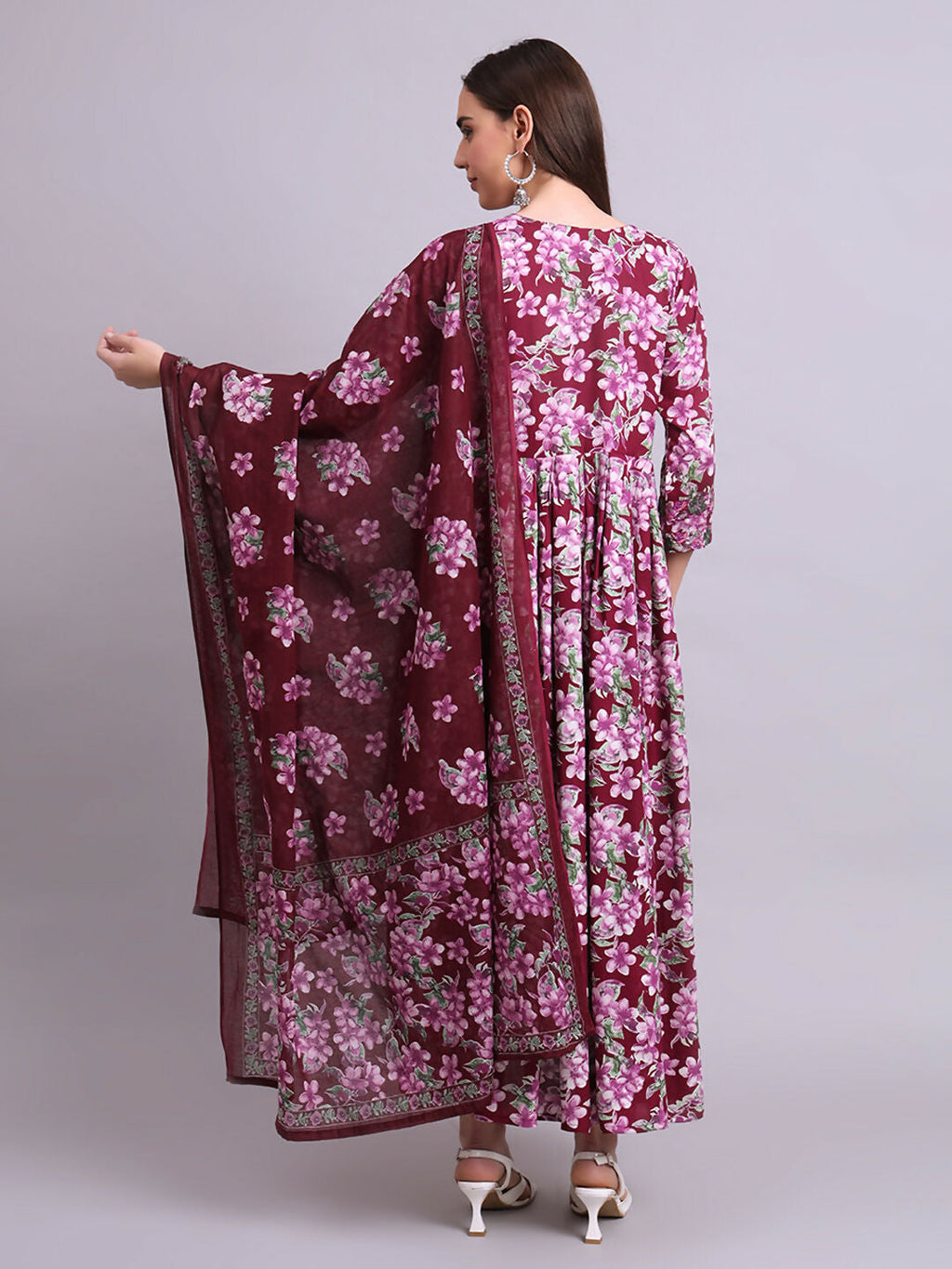 Joban Fashion Purple Cotton Floral Printed & Embroidery Work Anarkali Dress With Dupatta Set | Grocsy
