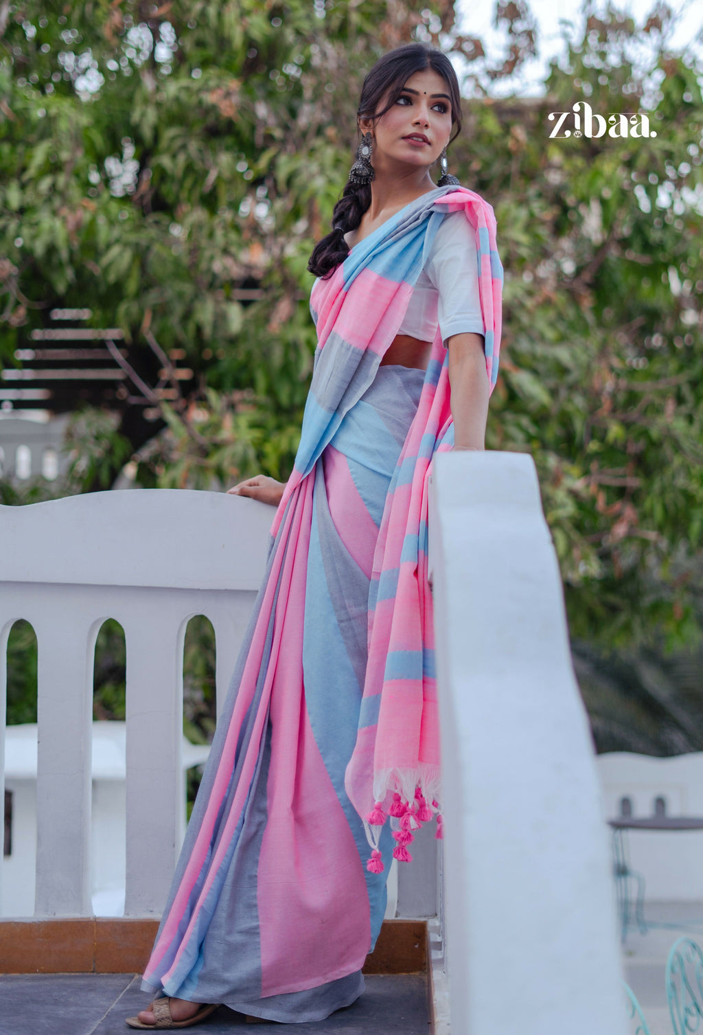 Zibaa Hand-Dyed Mul Cotton Striped Saree with Tassels | Grocsy