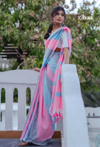Zibaa Hand-Dyed Mul Cotton Striped Saree with Tassels | Grocsy