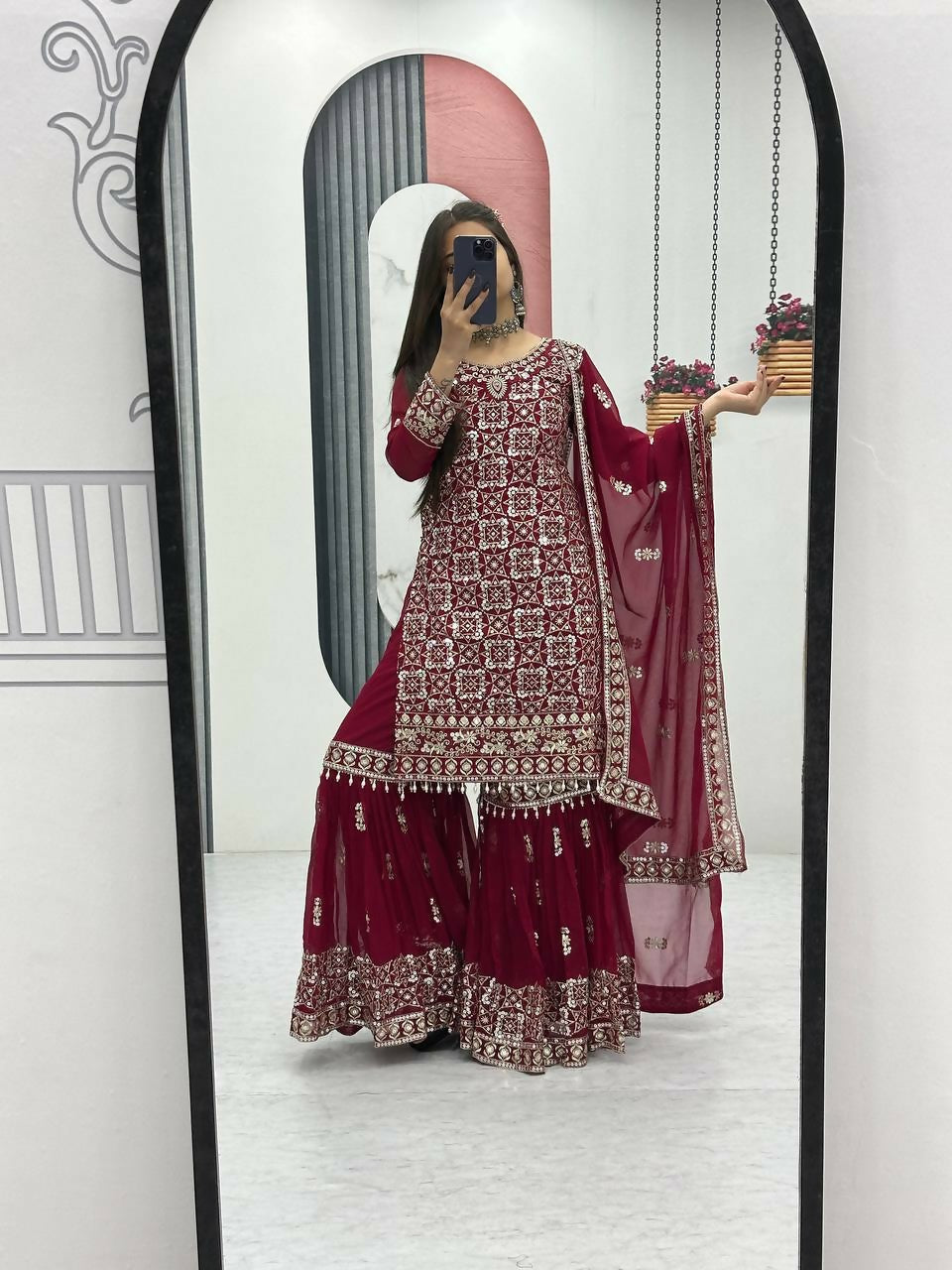 Teeya Creation Womens New Heavy Fox Georgette Fabric With Heavy Embroidery Work Red Kurta Set | Grocsy