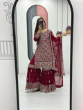 Teeya Creation Womens New Heavy Fox Georgette Fabric With Heavy Embroidery Work Red Kurta Set | Grocsy