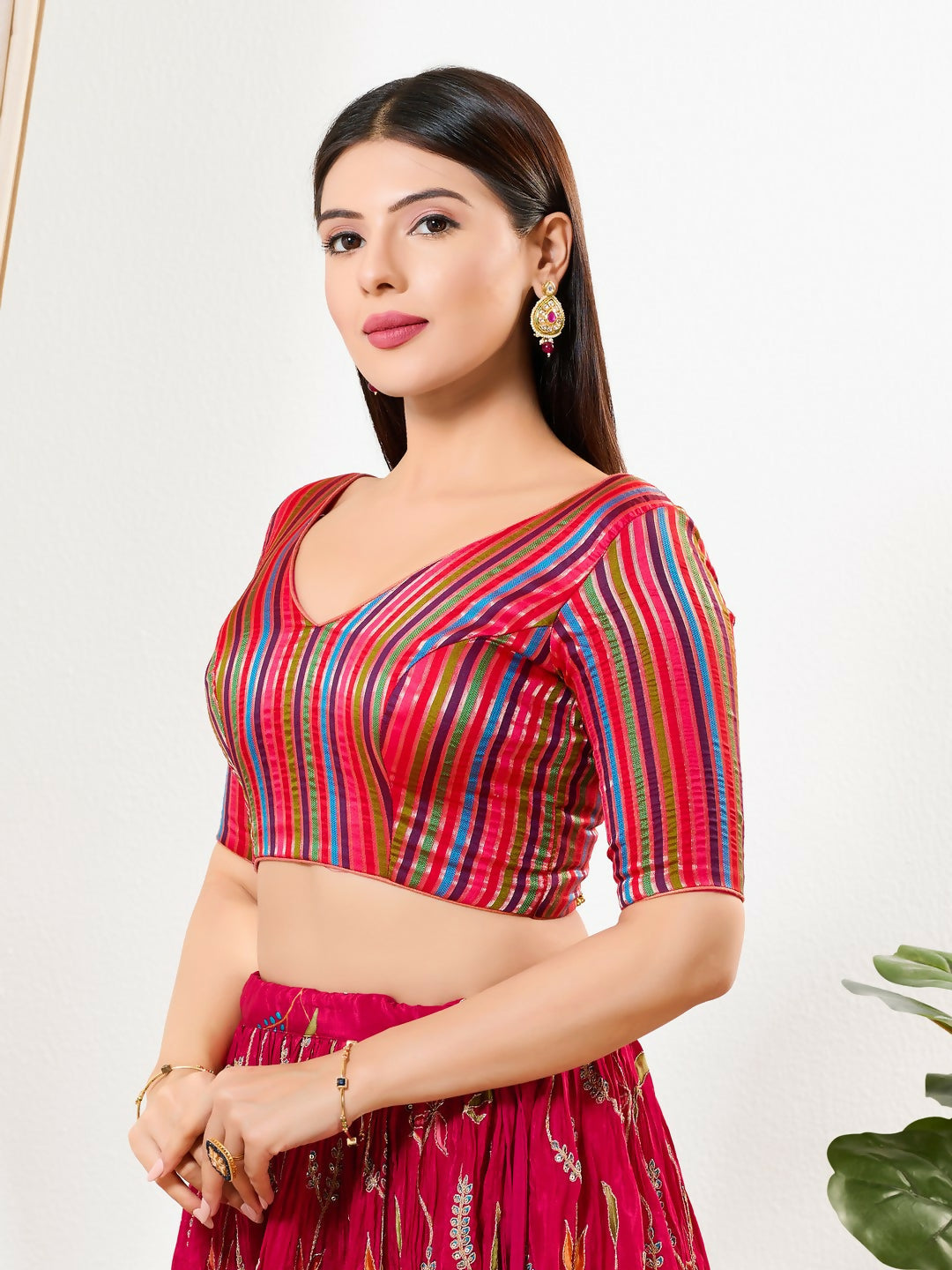 Joban Fashion Pink Multi Brocade Padded Blouse With V Neck Elbow Sleeves | Grocsy