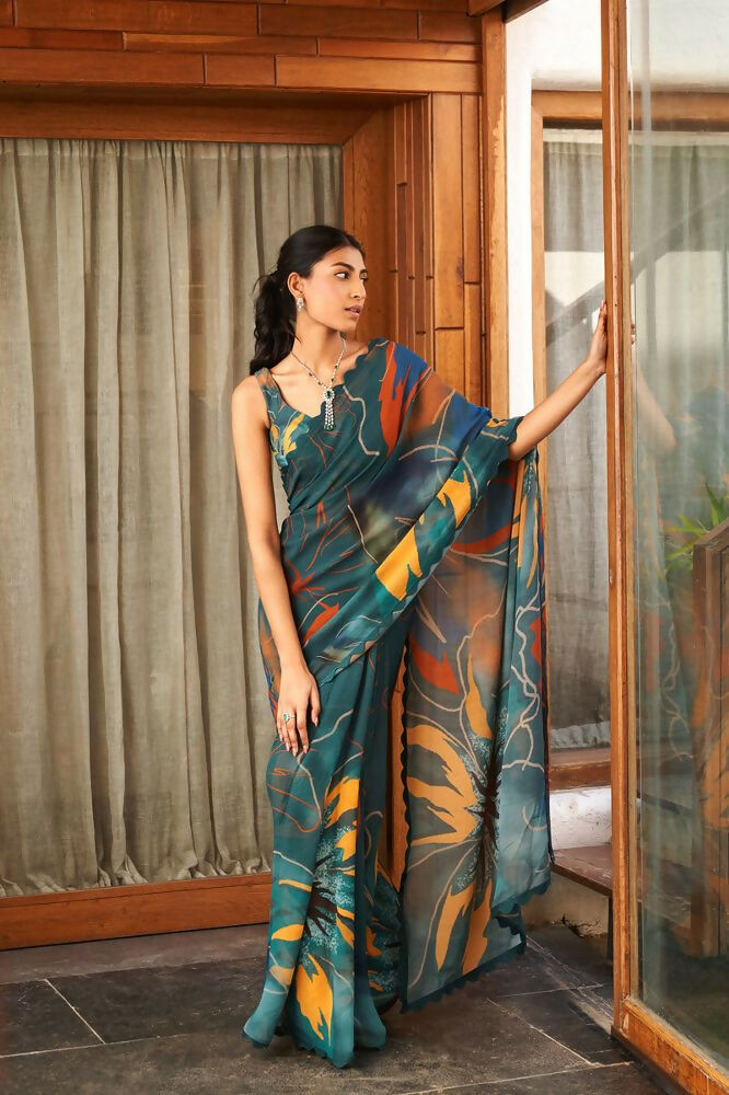 Green Bright Moss Designer Digital Printed Party Wear Saree - Be Verly | Grocsy