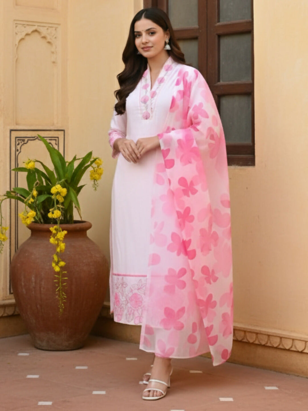 The52 Women's Beautiful Chanderi Fabric Printed Work Straight Kurta Pant and Dupatta Set | Grocsy
