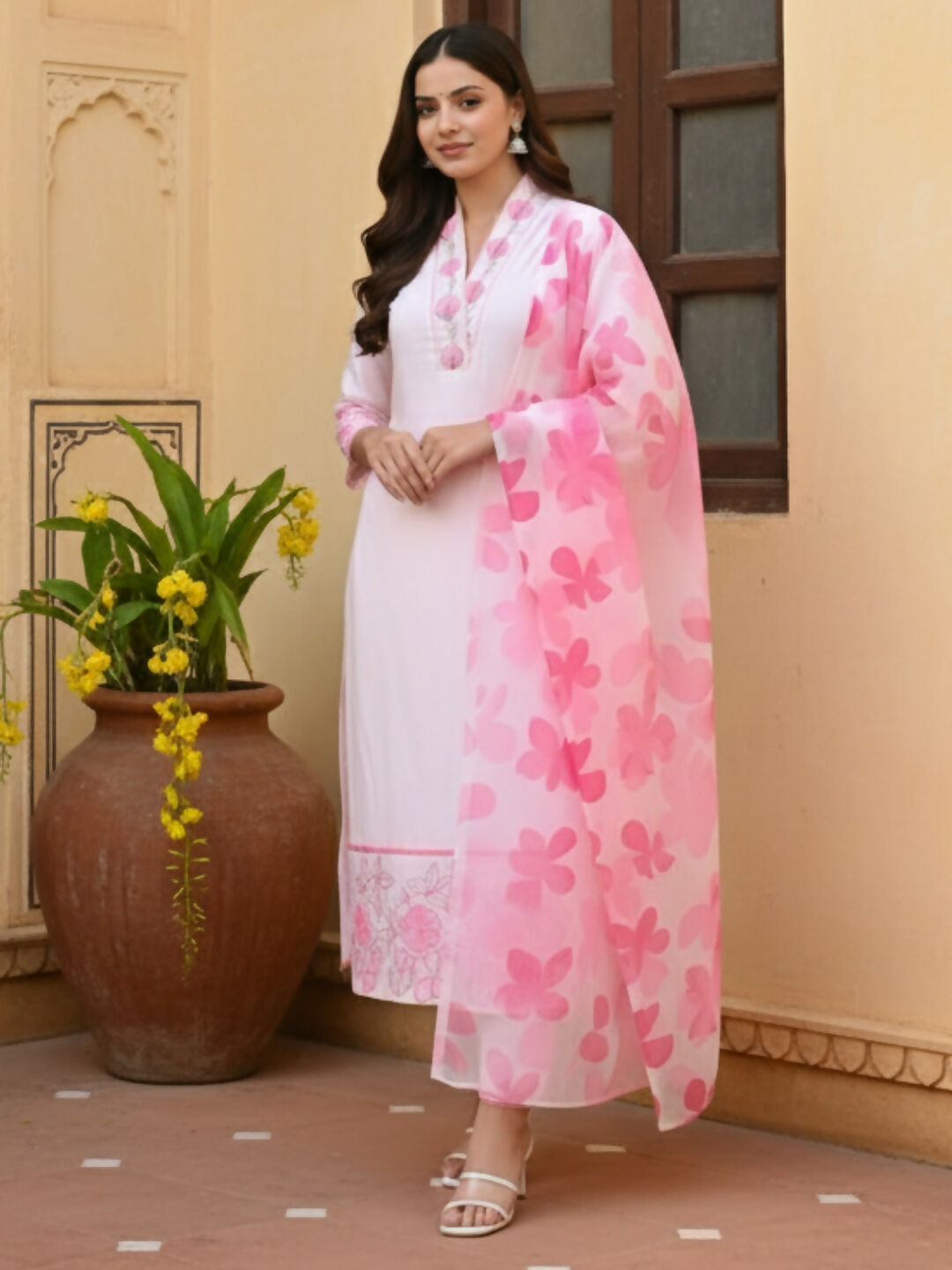 The52 Women's Beautiful Chanderi Fabric Printed Work Straight Kurta Pant and Dupatta Set | Grocsy
