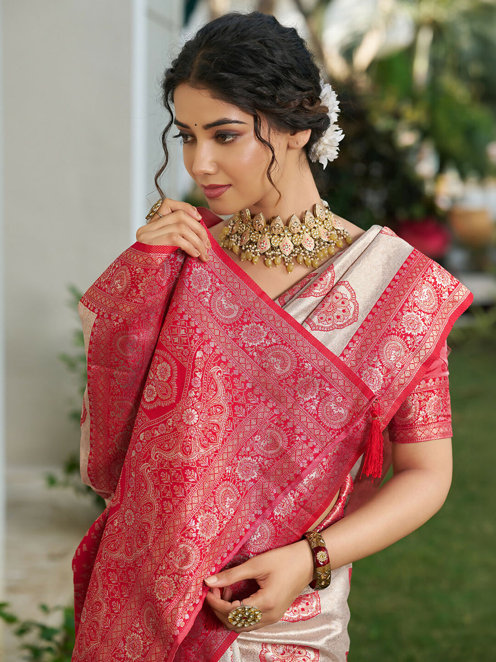 Shree Shyam Fashion Cream With Red Silk Blend Saree | Grocsy