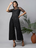 Ahalyaa Womens Black Crepe & Net Glitter Print Jumpsuit | Grocsy