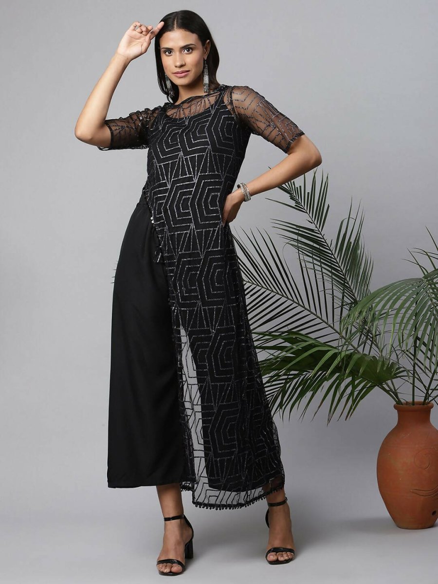 Ahalyaa Womens Black Crepe & Net Glitter Print Jumpsuit | Grocsy
