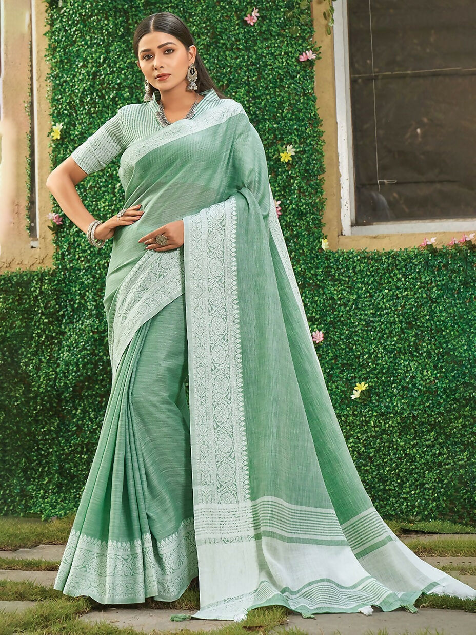 Shree Shyam Fashion Rama Green Linen Saree | Grocsy