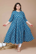 Miravan Women's Plus Size Blue & White Ethnic Motifs Printed Cotton Anarkali Kurta | Grocsy