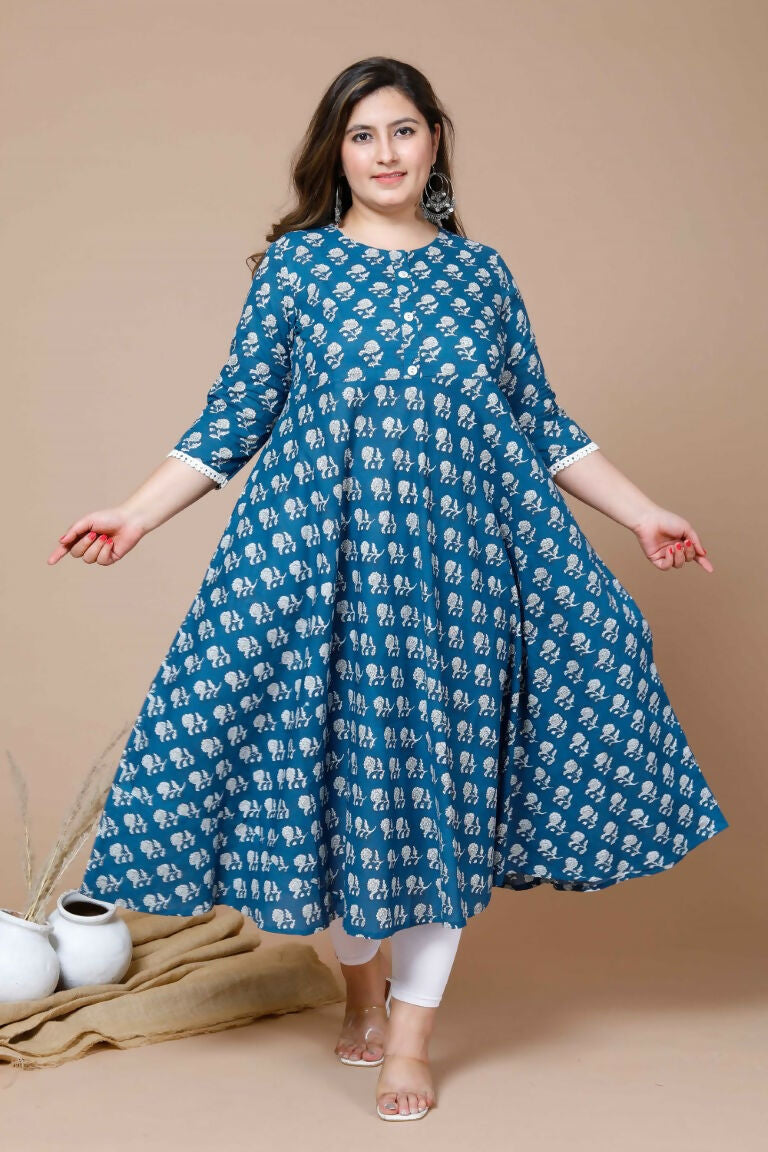 Miravan Women's Plus Size Blue & White Ethnic Motifs Printed Cotton Anarkali Kurta | Grocsy