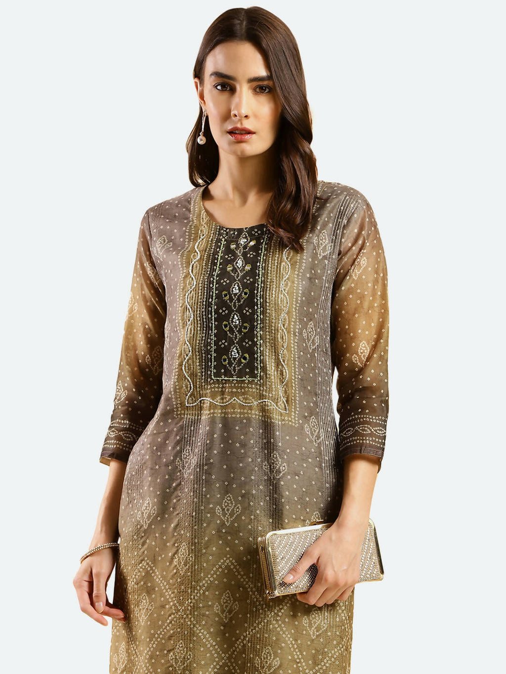Brown Chinon Digital Printed With Hand Work Kurta - Himanshi | Grocsy