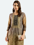 Brown Chinon Digital Printed With Hand Work Kurta - Himanshi | Grocsy