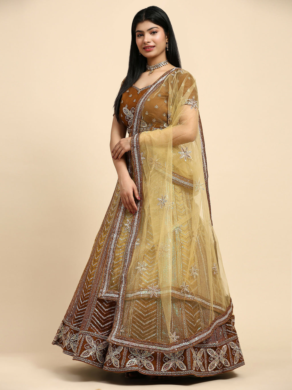 Brown Fancy Net Sequence Embroidered Lehenga Choli with Dupatta - Dhara | Grocsy