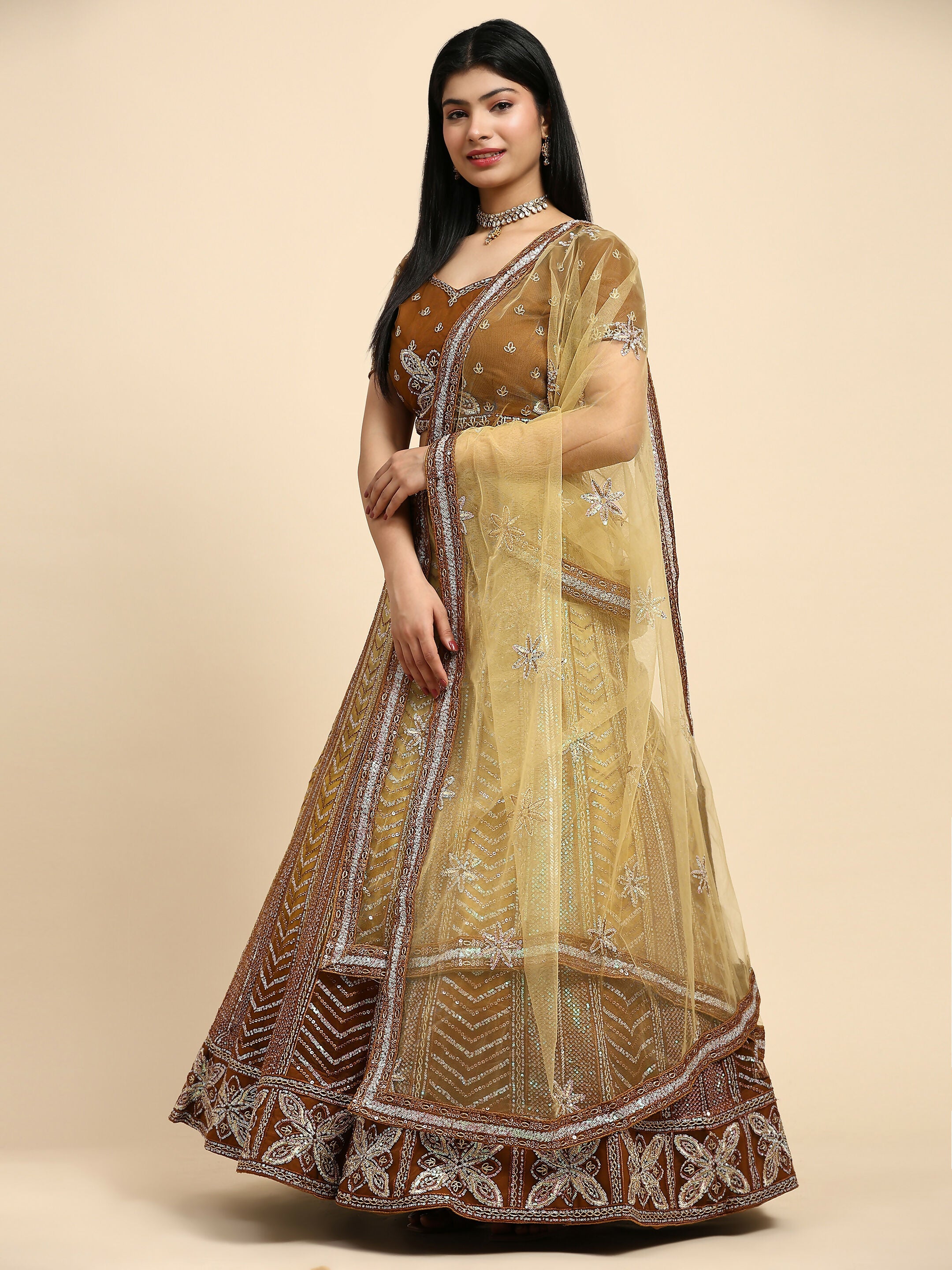 Brown Fancy Net Sequence Embroidered Lehenga Choli with Dupatta - Dhara | Grocsy
